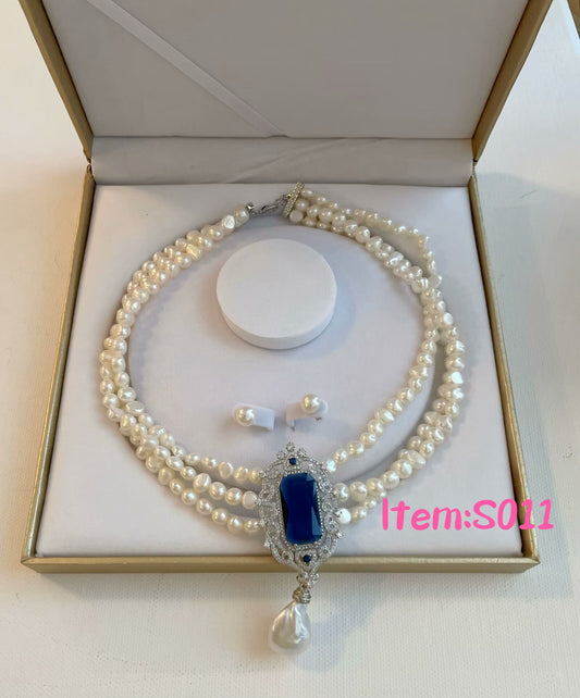 Triple Freshwater Pearl and Simulated Sapphire Necklace