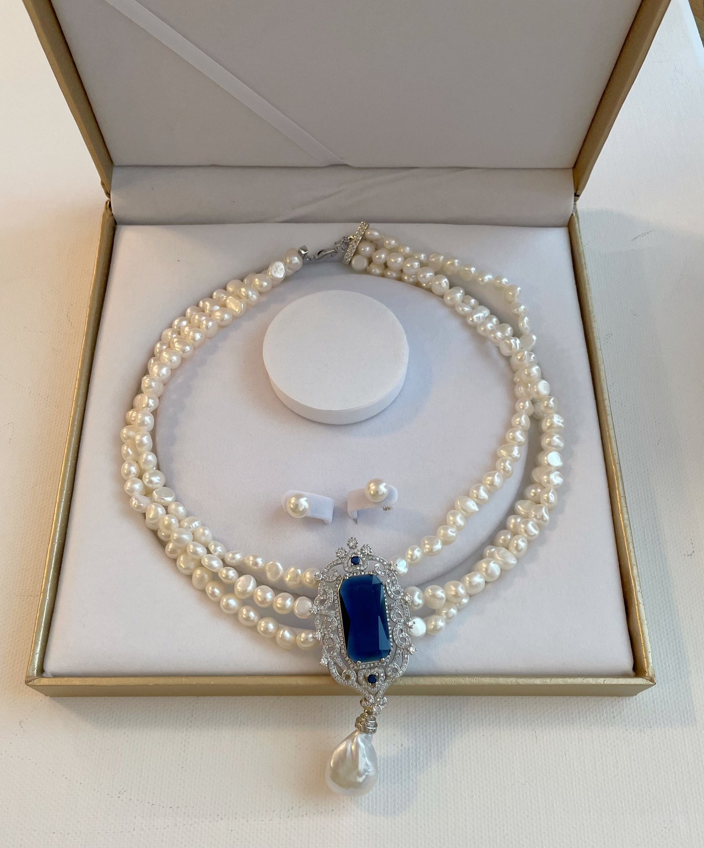 Triple Freshwater Pearl and Simulated Sapphire Necklace